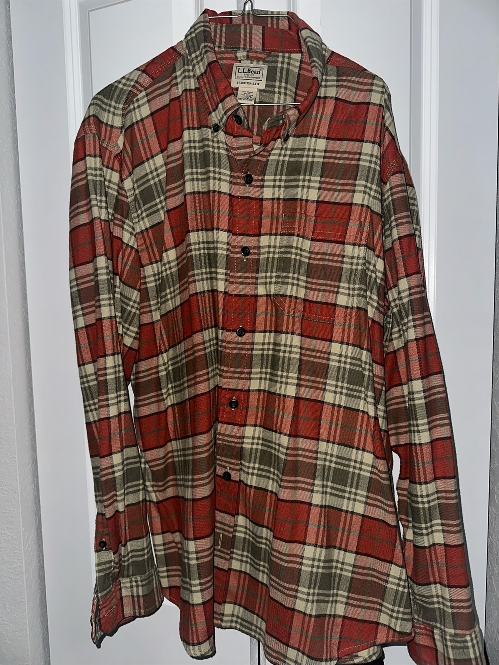 L.L. Bean Men’s Rust and Olive Plaid Button-Down Shirt